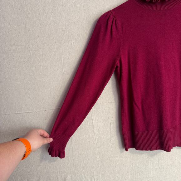 CeCe Sweater Size S Burgundy Red Ruffle Mock Neck Long Sleeve Lightweight Knit - Picture 3 of 10